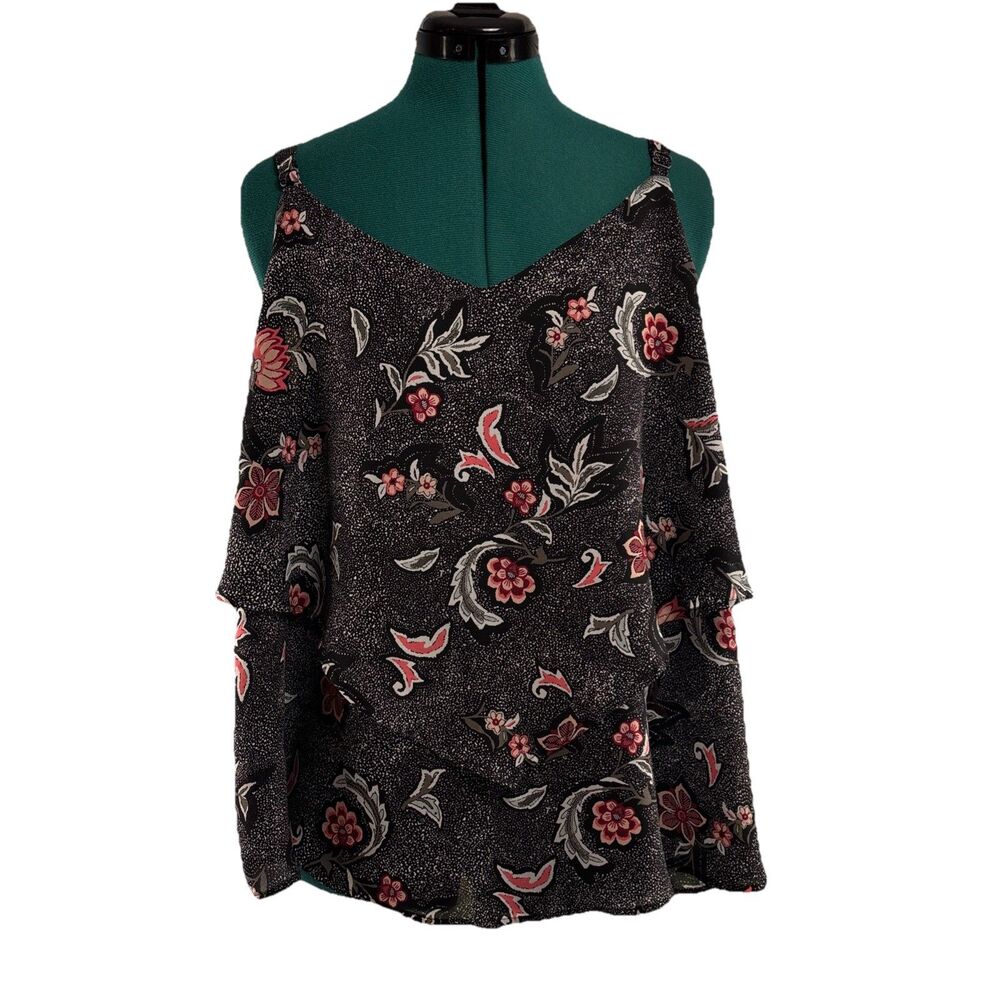 Torrid Womens Flowy Top Size 0 Black Floral V-Neck Layered w/Straps Sleeveless